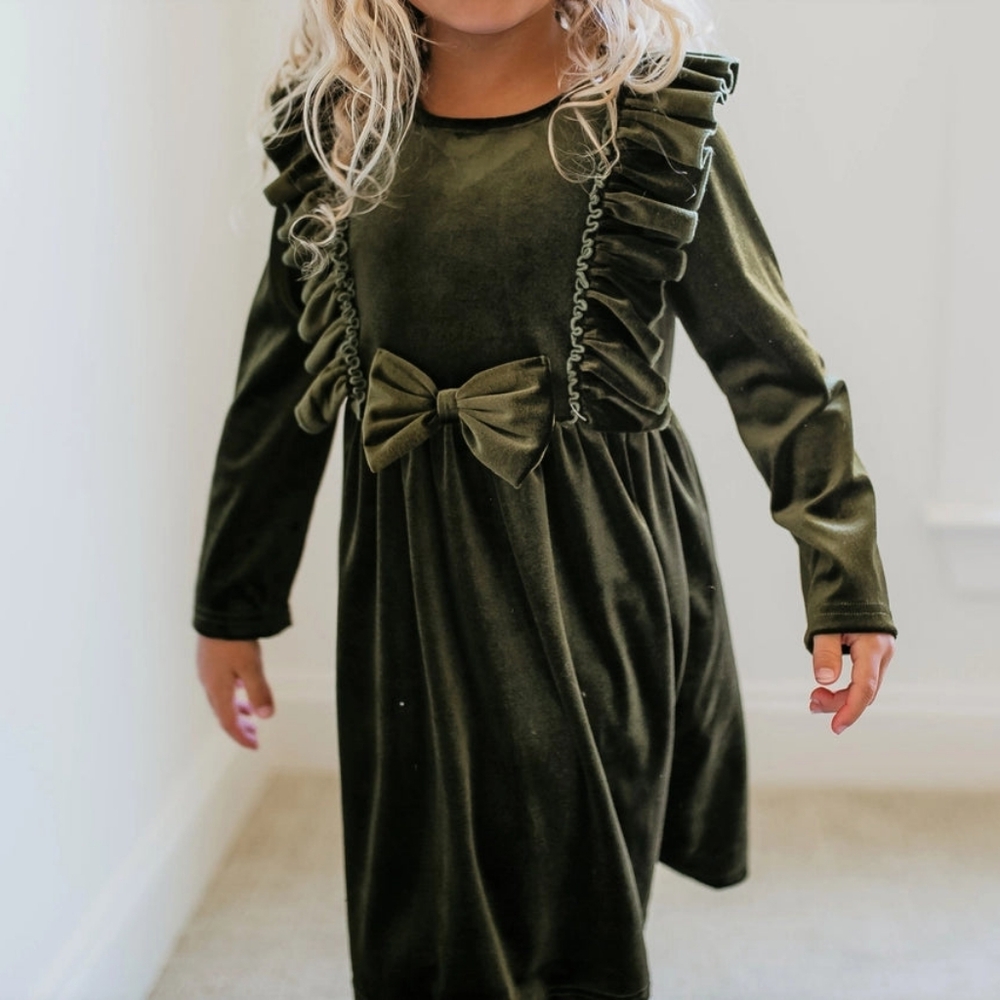 Moss Velvet Bow Ruffle Dress